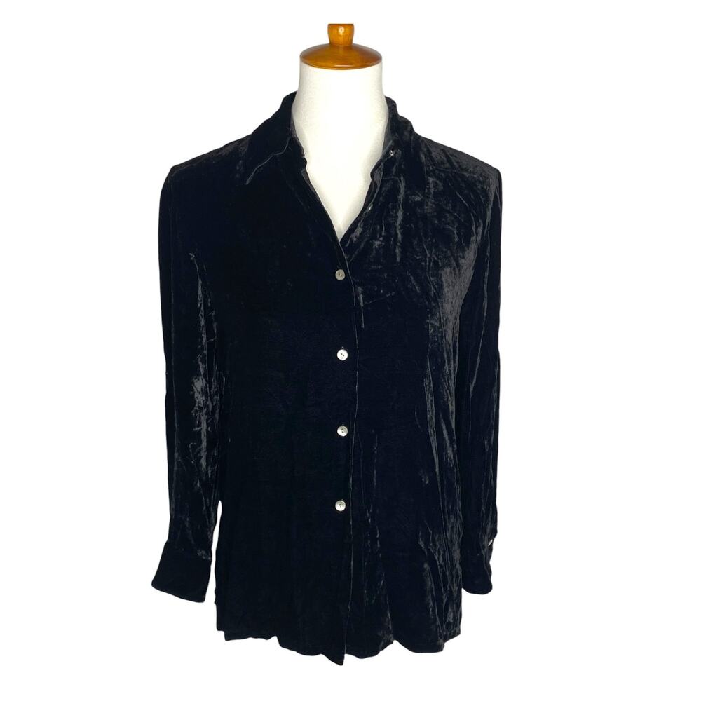 Ann Taylor Crushed Velvet Button Up Shirt Black Silk Blend Petite Size 2P Witchy